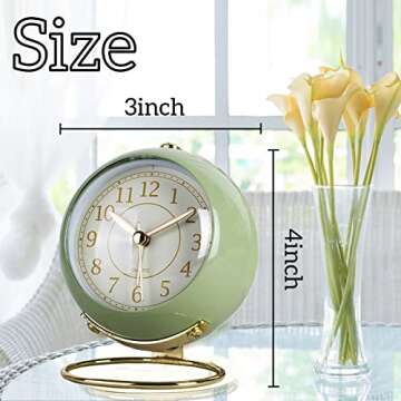 JUSTUP Silent Analog Alarm Clock, Classic Small Non-Ticking Tabletop Kids Room Alarm Clock Battery Operated Desk Clock with Backlight HD Glass for Bedroom Living Room Kitchen Indoor Decor, Green