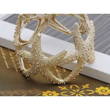 Alilang Womens Shiny Textured Starfish Stretch Bangle Cuff Statement Bracelet, Gold
