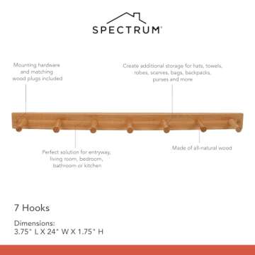 Spectrum Wall Mount 7-Peg Wood Rack (Bamboo) - Organizer for Bathroom, Kitchen, Laundry Room, Office, Garage, Classroom, & More / Hang Entryway Coats, Purses, Scarves, & Hats