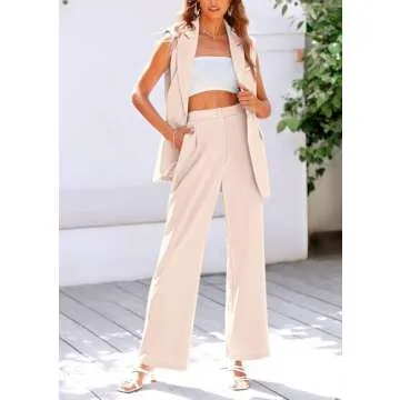 PRETTYGARDEN Womens 2 Piece Blazer Suits V Neck Sleeveless Vest Wide Leg Pants Sets Summer Matching Outfits (Beige,Large)