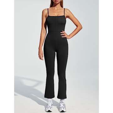 AUTOMET Black Flare Jumpsuits for Women Tummy Control Sexy One Piece Spaghetti Straps Backless Yoga ...
