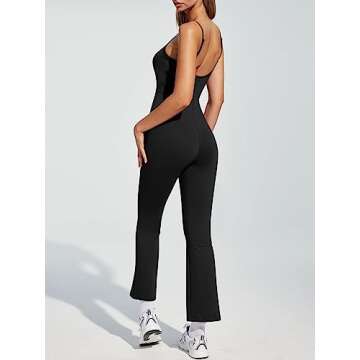 AUTOMET Black Flare Jumpsuits for Women Tummy Control Sexy One Piece Spaghetti Straps Backless Yoga Wide Leg Pants Rompers Bodycon Bodysuit Summer Outfits Fashion Clothes Trendy 2024