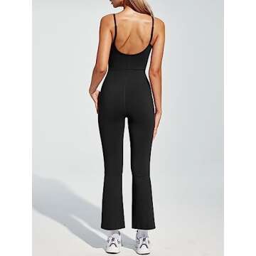 AUTOMET Black Flare Jumpsuits for Women Tummy Control Sexy One Piece Spaghetti Straps Backless Yoga Wide Leg Pants Rompers Bodycon Bodysuit Summer Outfits Fashion Clothes Trendy 2024
