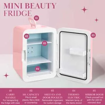 Paris Hilton Refrigerator and Personal Beauty Fridge, Mirrored Door with Dimmable LED Light, Thermoelectric Cooling and Warming Function for All Cosmetics and Skincare Needs, 10-Liter, Pink