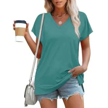 WIHOLL Womens Tops Basic Summer V Neck T Shirts Short Sleeve Dressy Casual Loose Fit Cute Tee Clothes Trendy Ladies Fashion Outfits Solid Color Shirts 2025 Turquoise S