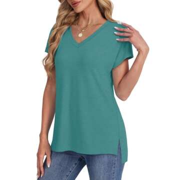 WIHOLL Womens Tops Basic Summer V Neck T Shirts Short Sleeve Dressy Casual Loose Fit Cute Tee Clothes Trendy Ladies Fashion Outfits Solid Color Shirts 2025 Turquoise S