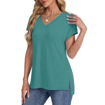WIHOLL Womens Tops Basic Summer V Neck T Shirts Short Sleeve Dressy Casual Loose Fit Cute Tee Clothes Trendy Ladies Fashion Outfits Solid Color Shirts 2025 Turquoise S