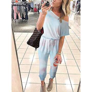 ANRABESS Women's Jumpsuits Tie Dye Crewneck One Off Shoulder Short Sleeve Elastic Waist Romper 203danlanfen-S