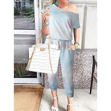 ANRABESS Women's Jumpsuits Tie Dye Crewneck One Off Shoulder Short Sleeve Elastic Waist Romper 203danlanfen-S