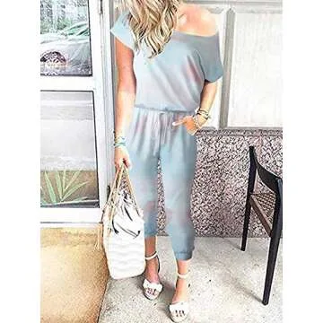 ANRABESS Women's Jumpsuits Tie Dye Crewneck One Off Shoulder Short Sleeve Elastic Waist Romper 203danlanfen-S