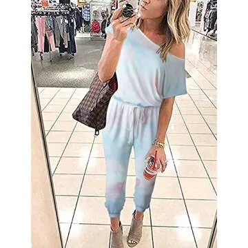 ANRABESS Women's Jumpsuits Tie Dye Crewneck One Off Shoulder Short Sleeve Elastic Waist Romper 203danlanfen-S