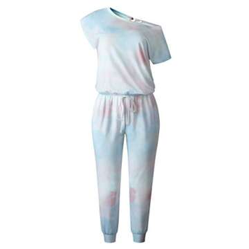 ANRABESS Women's Jumpsuits Tie Dye Crewneck One Off Shoulder Short Sleeve Elastic Waist Romper 203danlanfen-S