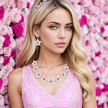 EVER FAITH Flower Jewelry Sets for Women, Dainty White Pink Enamel Faux Pearl Bead Wedding Party Choker Necklace Hook Earrings Set Summer Beach Accessories for Women