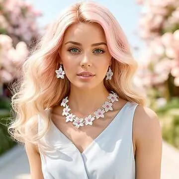 EVER FAITH Flower Jewelry Sets for Women, Dainty White Pink Enamel Faux Pearl Bead Wedding Party Choker Necklace Hook Earrings Set Summer Beach Accessories for Women