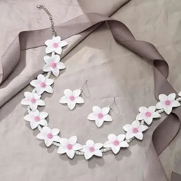 EVER FAITH Flower Jewelry Sets for Women, Dainty White Pink Enamel Faux Pearl Bead Wedding Party Choker Necklace Hook Earrings Set Summer Beach Accessories for Women