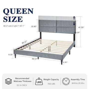 Zeelovtress Queen Size Bed Frame with Adjustable Velvet Headboard, Upholstered Platform Bedframe Mat...
