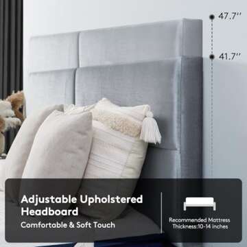 Zeelovtress Queen Size Bed Frame with Adjustable Velvet Headboard, Upholstered Platform Bedframe Mattress Foundation, Strong Wooden Slat Support, Easy Assembly, No Box Spring Needed, Silver Grey