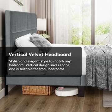 Zeelovtress Queen Size Bed Frame with Adjustable Velvet Headboard, Upholstered Platform Bedframe Mattress Foundation, Strong Wooden Slat Support, Easy Assembly, No Box Spring Needed, Silver Grey