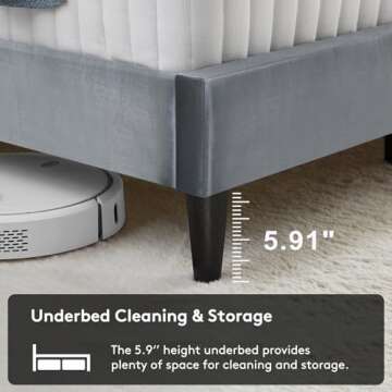 Zeelovtress Queen Size Bed Frame with Adjustable Velvet Headboard, Upholstered Platform Bedframe Mattress Foundation, Strong Wooden Slat Support, Easy Assembly, No Box Spring Needed, Silver Grey