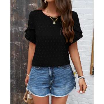 PRETTYGARDEN Women's Summer Shirts Petal Sleeve Round Neck Polka Dots Loose Fit Blouses Casual Tunic...