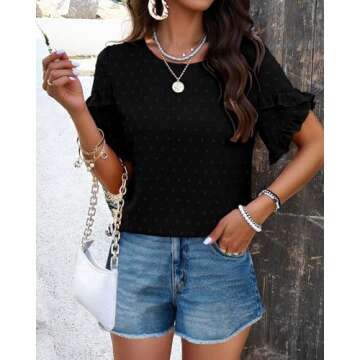 PRETTYGARDEN Women's Summer Shirts Petal Sleeve Round Neck Polka Dots Loose Fit Blouses Casual Tunic Tops(Black,Large)