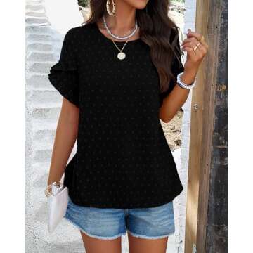 PRETTYGARDEN Women's Summer Shirts Petal Sleeve Round Neck Polka Dots Loose Fit Blouses Casual Tunic Tops(Black,Large)