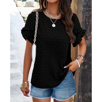 PRETTYGARDEN Women's Summer Shirts Petal Sleeve Round Neck Polka Dots Loose Fit Blouses Casual Tunic Tops(Black,Large)