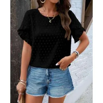 PRETTYGARDEN Women's Summer Shirts Petal Sleeve Round Neck Polka Dots Loose Fit Blouses Casual Tunic Tops(Black,Large)