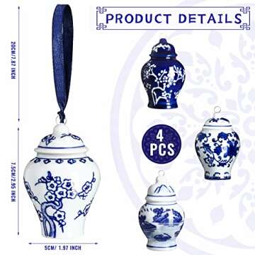 Christmas Chinoiserie Porcelain Ornament Chinoiserie Porcelain Christmas Vintage Decorations Mini Ginger Jar Ornaments Chinoiserie Decor Christmas Hanging Pendant for Tree (4, Classic Style)
