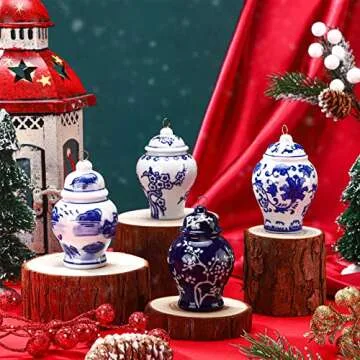 Christmas Chinoiserie Porcelain Ornament Chinoiserie Porcelain Christmas Vintage Decorations Mini Ginger Jar Ornaments Chinoiserie Decor Christmas Hanging Pendant for Tree (4, Classic Style)