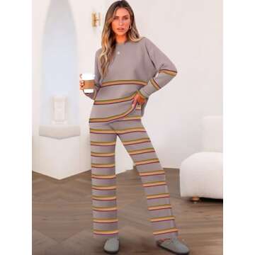 Caracilia Women's 2 Piece Outfits Sweater Sets Striped Oversized Sweaters Knit Wide Leg Pant Lounge Set 2024 Fall Outfits Nutmeg L