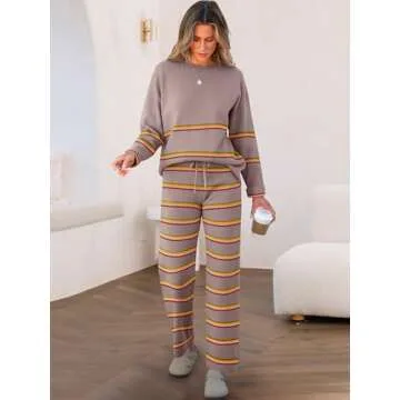 Caracilia Women's 2 Piece Outfits Sweater Sets Striped Oversized Sweaters Knit Wide Leg Pant Lounge Set 2024 Fall Outfits Nutmeg L
