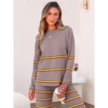 Caracilia Women's 2 Piece Outfits Sweater Sets Striped Oversized Sweaters Knit Wide Leg Pant Lounge Set 2024 Fall Outfits Nutmeg L