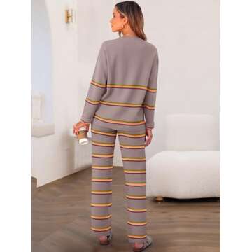 Caracilia Women's 2 Piece Outfits Sweater Sets Striped Oversized Sweaters Knit Wide Leg Pant Lounge Set 2024 Fall Outfits Nutmeg L