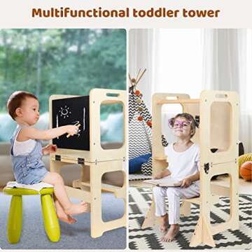 Asweets 4 in 1 Toddler Learning Standing Tower, Toddler Step Stool Table Combo, Wooden Kitchen Step Stool for Toddlers with Chalkboard, Anti-Slip Protection, Ideal Helping Tower for Toddlers