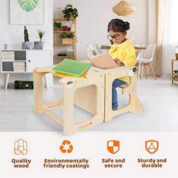 Asweets 4 in 1 Toddler Learning Standing Tower, Toddler Step Stool Table Combo, Wooden Kitchen Step Stool for Toddlers with Chalkboard, Anti-Slip Protection, Ideal Helping Tower for Toddlers