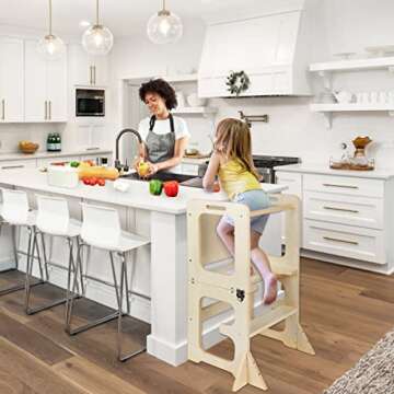 Asweets 4 in 1 Toddler Learning Standing Tower, Toddler Step Stool Table Combo, Wooden Kitchen Step Stool for Toddlers with Chalkboard, Anti-Slip Protection, Ideal Helping Tower for Toddlers