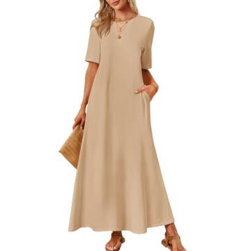 MEROKEETY Women's Spring Summer Casual Crewneck Maxi Dress with Pockets, Khaki, X-Large