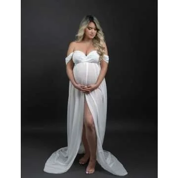 JustVH Maternity Dresses for Photoshoot Off Shoulder Chiffon Lace Gown Split Front Maxi Photography Dresses A- White