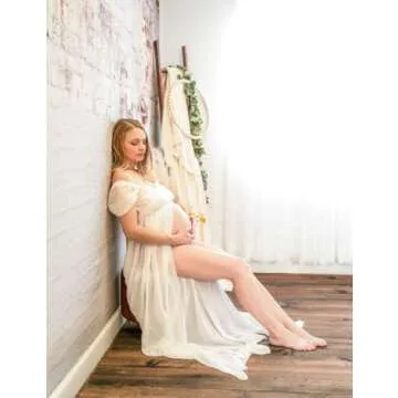 JustVH Maternity Dresses for Photoshoot Off Shoulder Chiffon Lace Gown Split Front Maxi Photography Dresses A- White