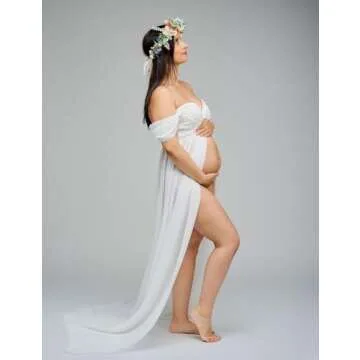 JustVH Maternity Dresses for Photoshoot Off Shoulder Chiffon Lace Gown Split Front Maxi Photography Dresses A- White