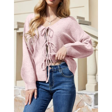 UNCLECAT Womens Cozy Bow Tie Front Cardigan Sweater