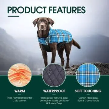 Kuoser Warm Dog Coat, Reversible Dog Jacket Waterproof Dog Winter Coat British Style Plaid Dog Clothes Pet Dog Cold Weather Coats Cozy Snow Jacket Vest for Small Medium Large Dogs Blue S