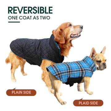 Kuoser Warm Dog Coat, Reversible Dog Jacket Waterproof Dog Winter Coat British Style Plaid Dog Clothes Pet Dog Cold Weather Coats Cozy Snow Jacket Vest for Small Medium Large Dogs Blue S