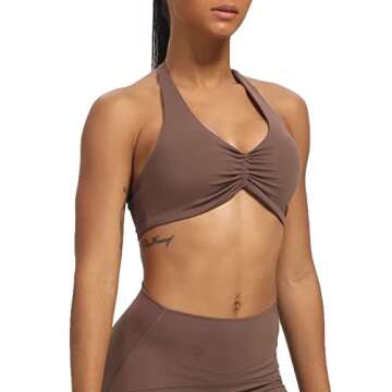 Aoxjox Women's Workout Sports Bras Fitness Backless Padded Taylor Scrunch Halter Bra Yoga Crop Tank Top (Fudge Coffee, Small)
