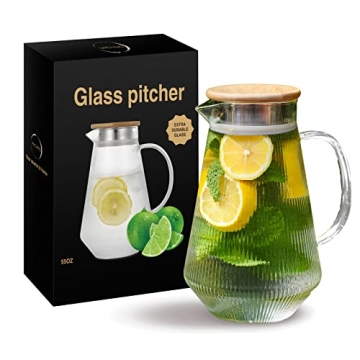 Richro Glass Water Pitcher with Lid - Elegant Durable & Sturdy Glass Water Carafe - 55 Oz Heat Resis...