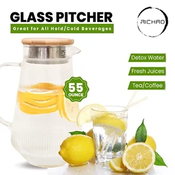 Richro Glass Water Pitcher with Lid - Elegant Durable & Sturdy Glass Water Carafe - 55 Oz Heat Resistant Glass Carafe for Hot/Cold Beverages, Coffee,Juice, Iced Tea Pitcher