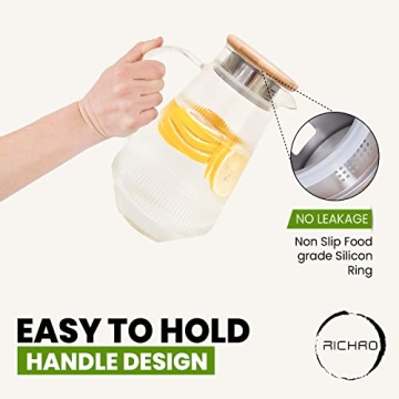 Richro Glass Water Pitcher with Lid - Elegant Durable & Sturdy Glass Water Carafe - 55 Oz Heat Resistant Glass Carafe for Hot/Cold Beverages, Coffee,Juice, Iced Tea Pitcher