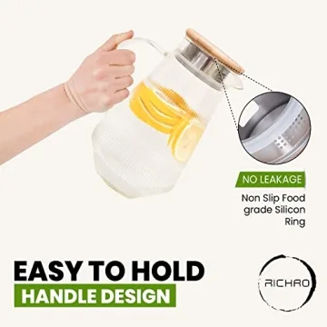 Richro Glass Water Pitcher with Lid - Elegant Durable & Sturdy Glass Water Carafe - 55 Oz Heat Resistant Glass Carafe for Hot/Cold Beverages, Coffee,Juice, Iced Tea Pitcher