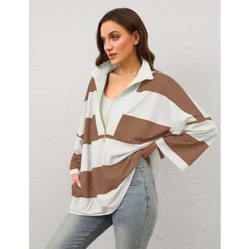 OLAPTA Women Oversized Striped Tee Shirts Half Zip Long Sleeve Colorblock T-Shirts Loose Fit V-Neck ...